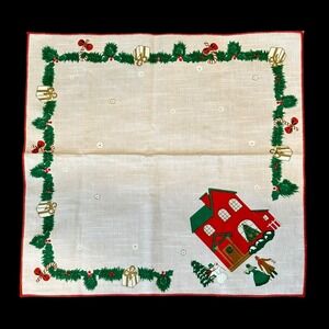 (1) Christmas House Garland Presents Cloth Square Napkin Replacement Vintage